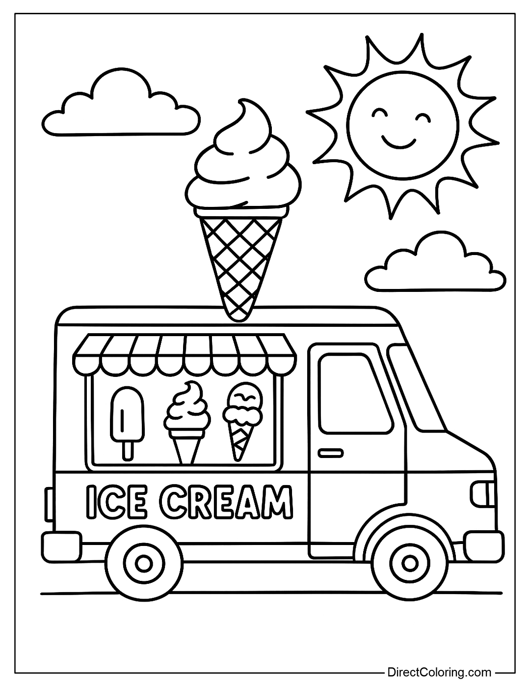 coloring page of Ice cream cart with many flavors in the summer sun